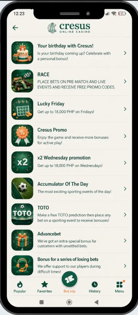 Cresus Casino mobile promotions screen