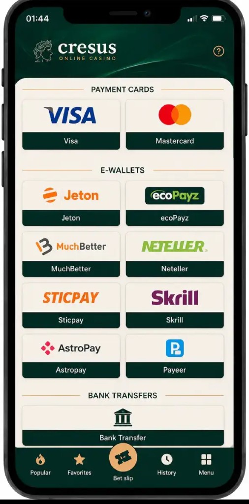 Payment methods in the Cresus Casino app